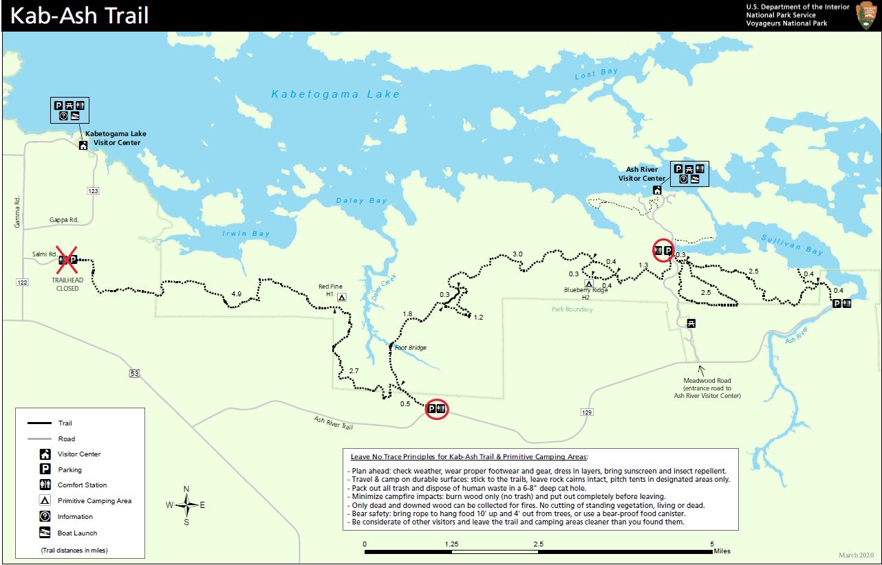 Detailed Map Of The Trails Near The Ash River Visitor Center With Mileage Distances And Locations Of Water. - Detailed map of the trails near the Ash River Visitor Center with mileage distances and locations of water.