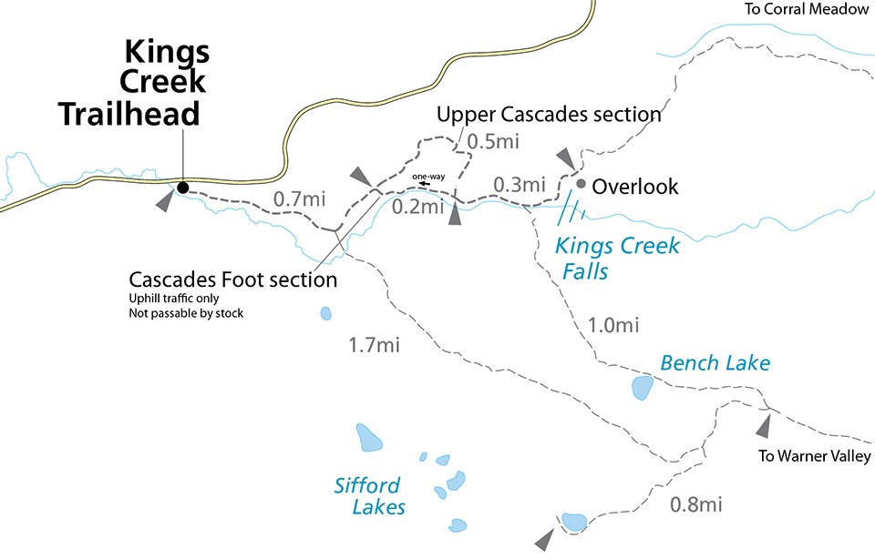 A map of a loop trail along a creek to a waterfall.