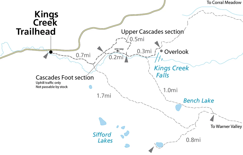 A map of a loop trail along a creek to a waterfall.