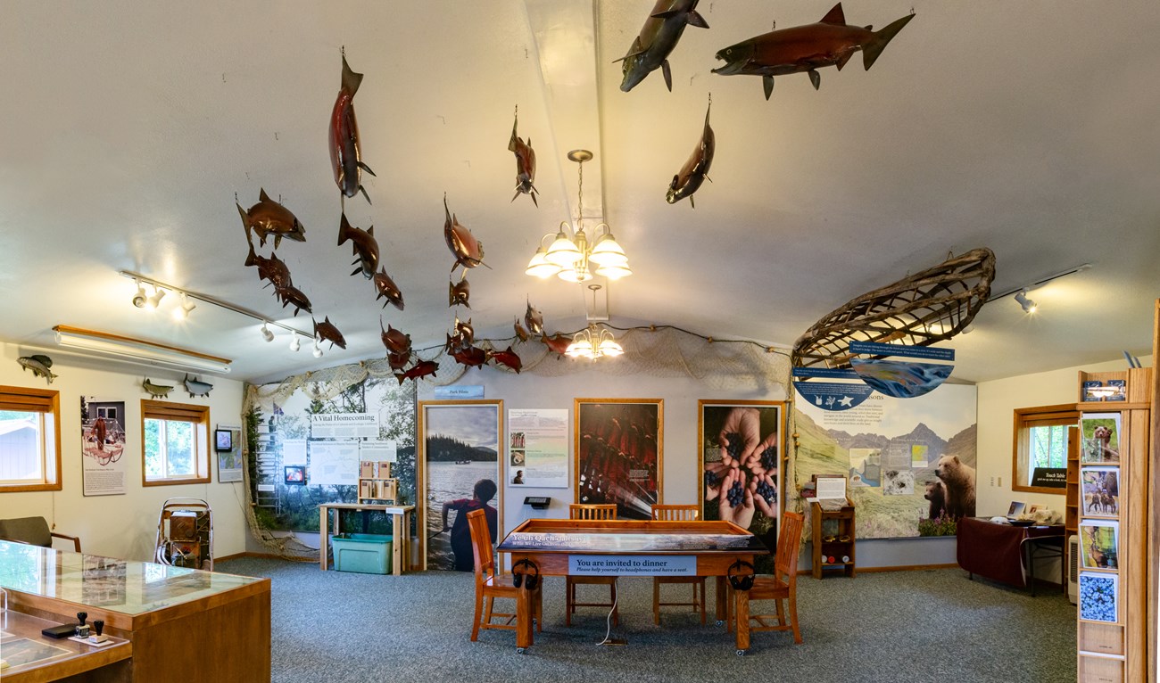 inside of the Port Alsworth Visitor Center showing various exhibits