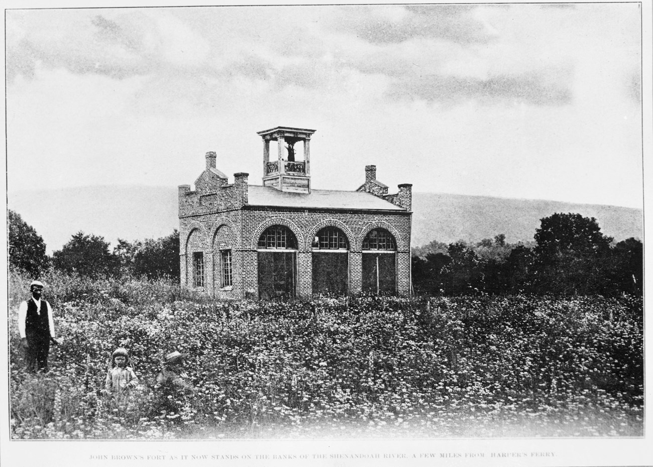 black and white photo of John Brown's Fort standing in a field on the Murphy Farm