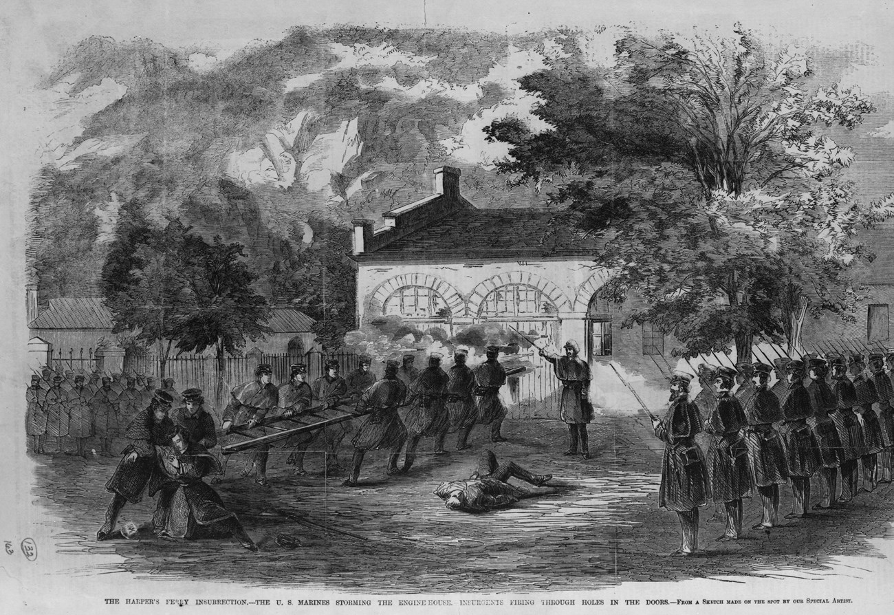 1859 sketch from a newspaper depicting Marines storming the engine house