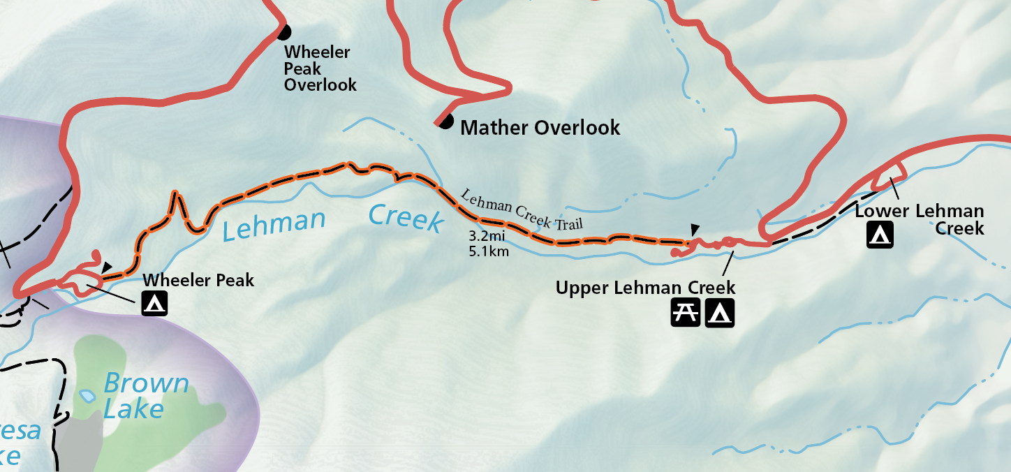 Lehman Creek Trail Highlight A color image of a selection of the official park map. A red road appears from the right before a hard turn and making a patha cross the top of the image, ending on the left. Conencting the end and the first hard turn is an orange highlighted trail.