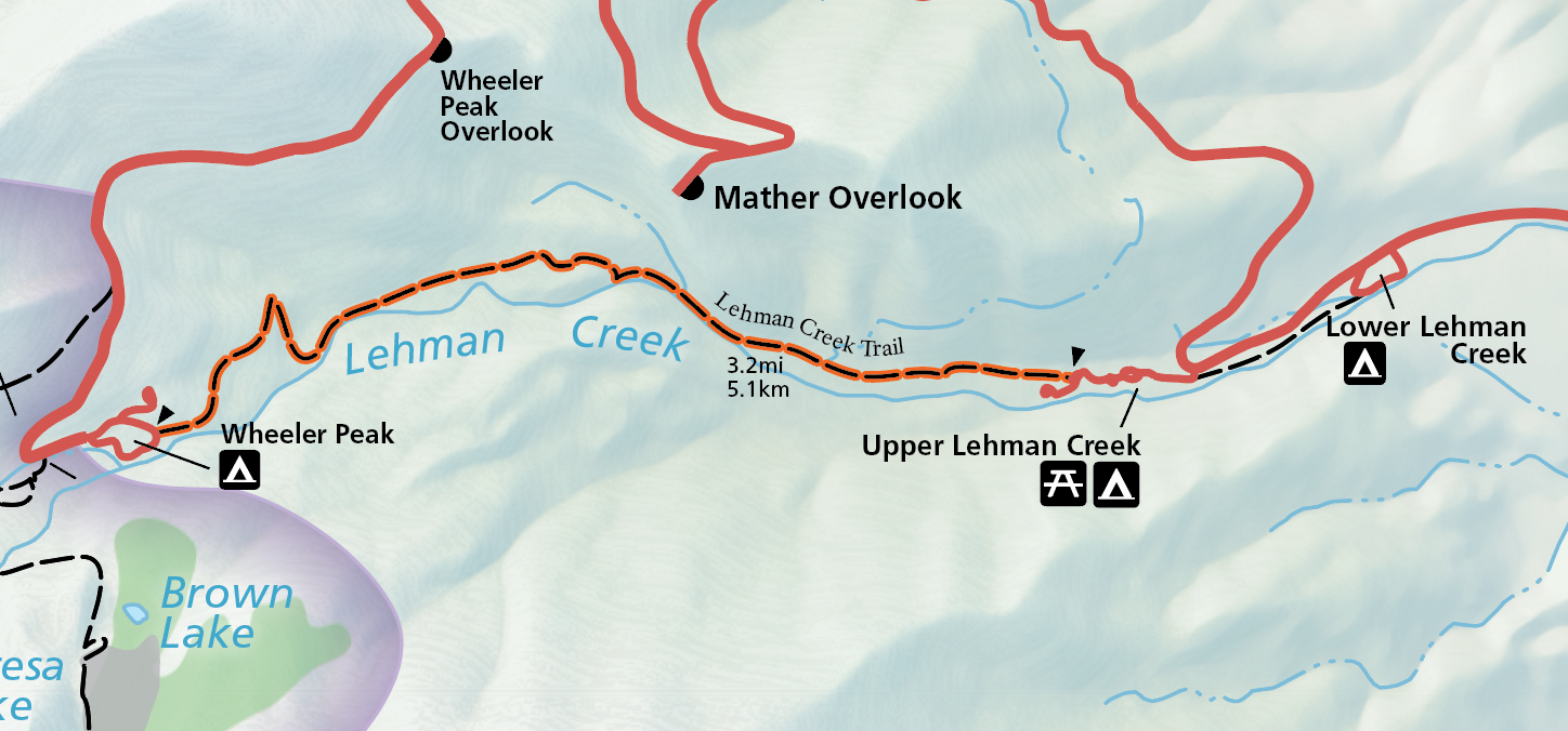 A color image of a selection of the official park map. A red road appears from the right before a hard turn and making a patha cross the top of the image, ending on the left. Conencting the end and the first hard turn is an orange highlighted trail.