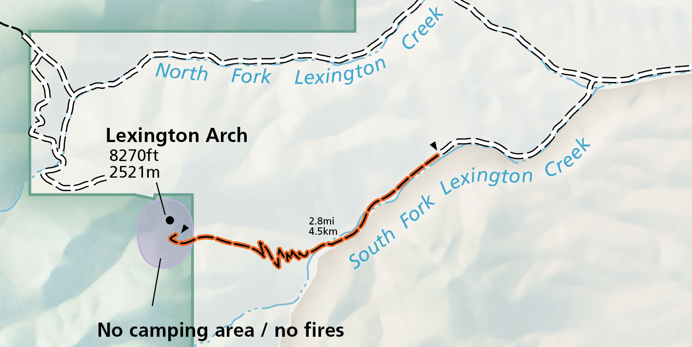 Lexington Arch Trail Highlighted A selection of the official map of the national park. A white 4wd road terminates and meets with an orange highlighted trail, who's visible end is labeled with "Lexington Arch." The road has a split, with the south one leading to the arch trailhead