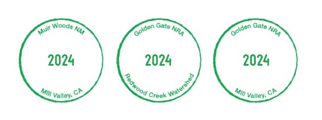 Three cancellation stamps for the year 2024 from Muir Woods National Monument and the Golden Gate National Recreation area