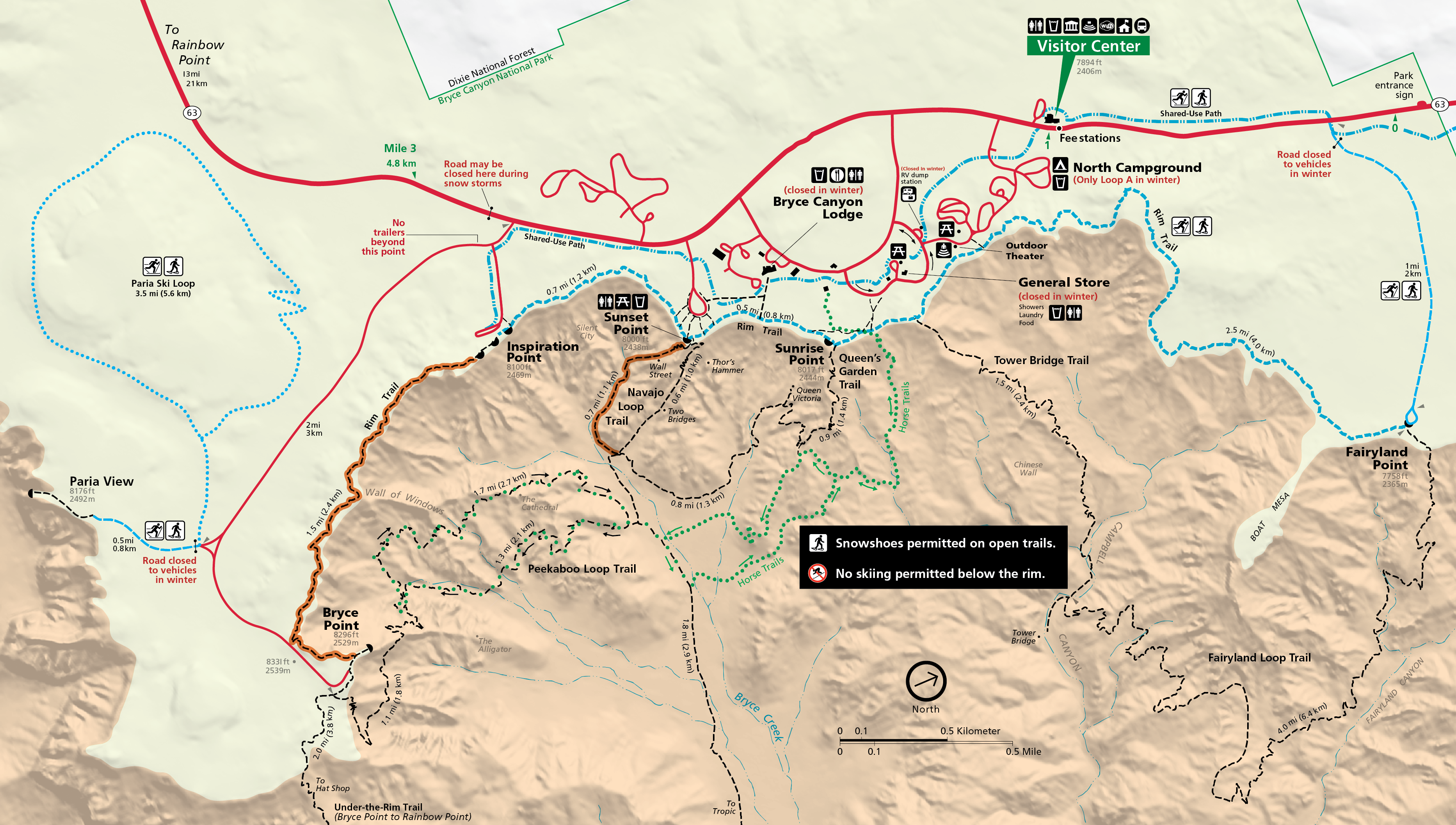 Winter Trails A map of snow shoeing and skiing trails in Bryce Canyon.