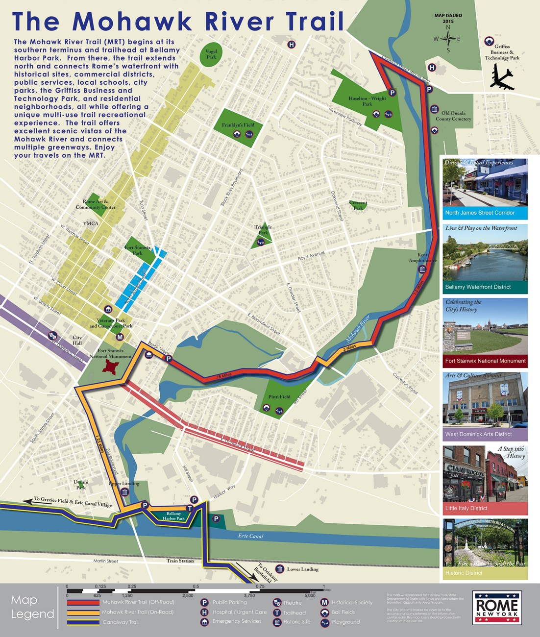 A map with various lines detailing the trail system. Pictures of landmarks can be seen along the side of the main map.