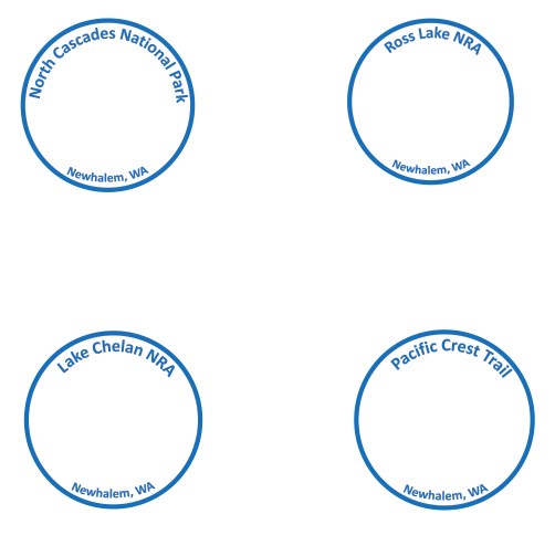 four blue circular park passport stamps that read: North Cascades National Park, Ross Lake NRA, Lake Chelan NRA, and Pacific Crest Trail