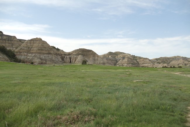 Green prairie with badlands on the horizon.