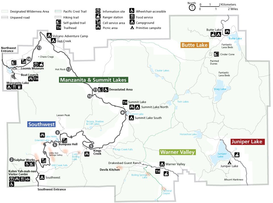 A map of Lassen Volcanic National Park with the park highway is dark grey and circles with numbers indicating markers for stops.