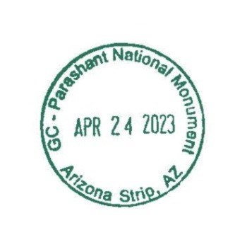 NPS cancellation stamp dated April 24, 2023 for GC - Parashant National Monument, Arizona Strip, AZ.