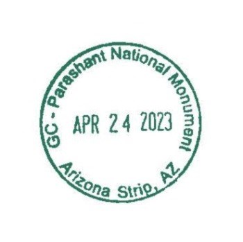 NPS cancellation stamp dated April 24, 2023 for GC - Parashant National Monument, Arizona Strip, AZ. NPS cancellation stamp dated April 24, 2023 for GC - Parashant National Monument, Arizona Strip, AZ.