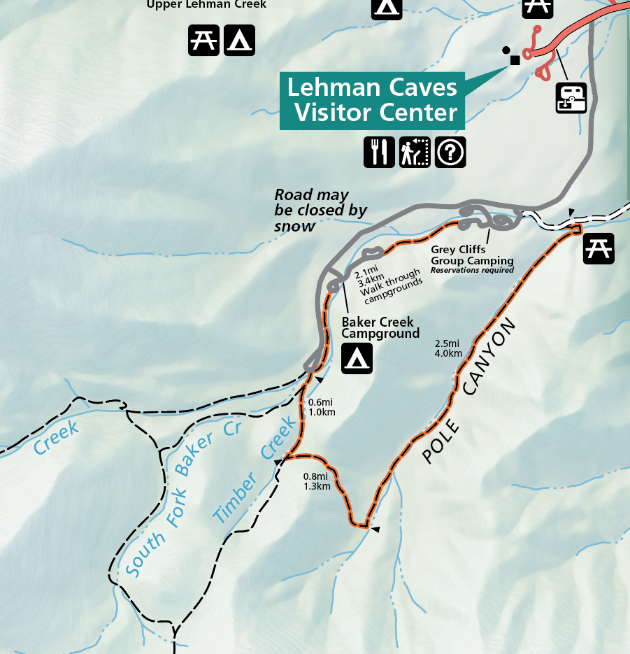 Pole Canyon Trail Highlight A color image of a selection of the great basin park map. Pole canyon highlighted in orange is labelled as such and emerges from a white road and traversing through two campgrounds.