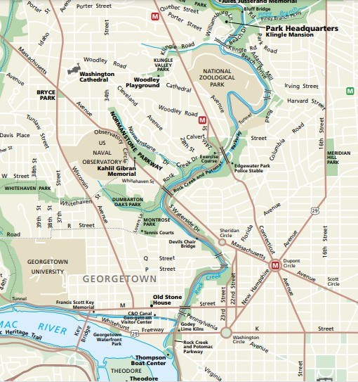 Map of Rock Creek Park showing where fishing is legal