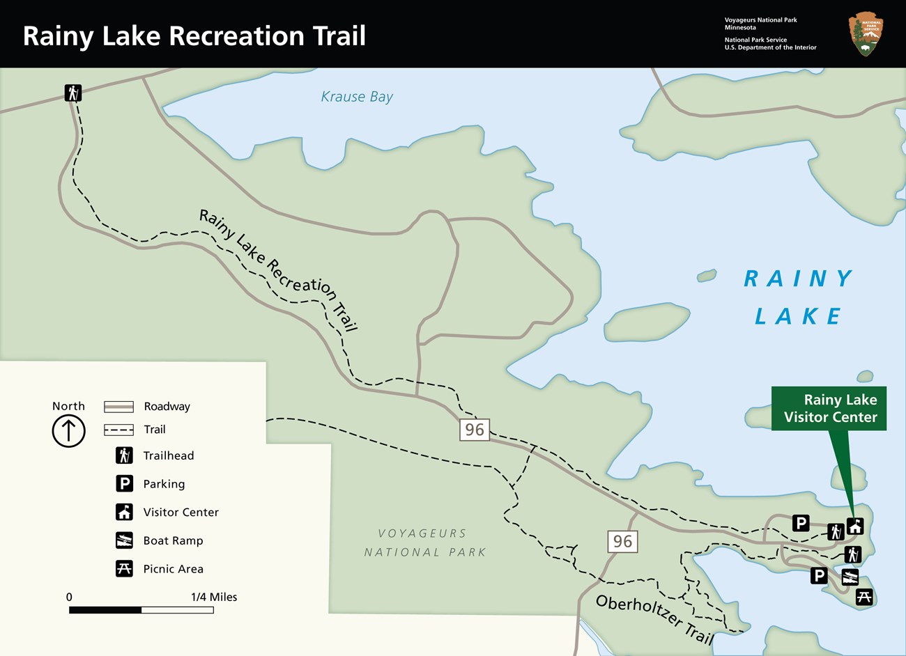 Map of Rainy Lake Recreation Trail showing park boundaries and hiking trails.