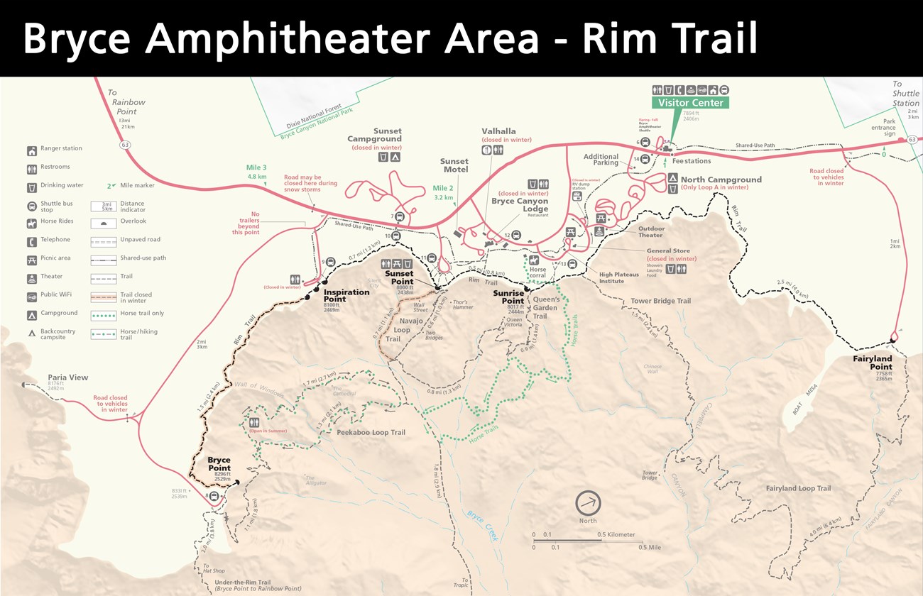 Rim Trail Map Map of Bryce Canyon's Bryce Amphitheater showing Rim Trail