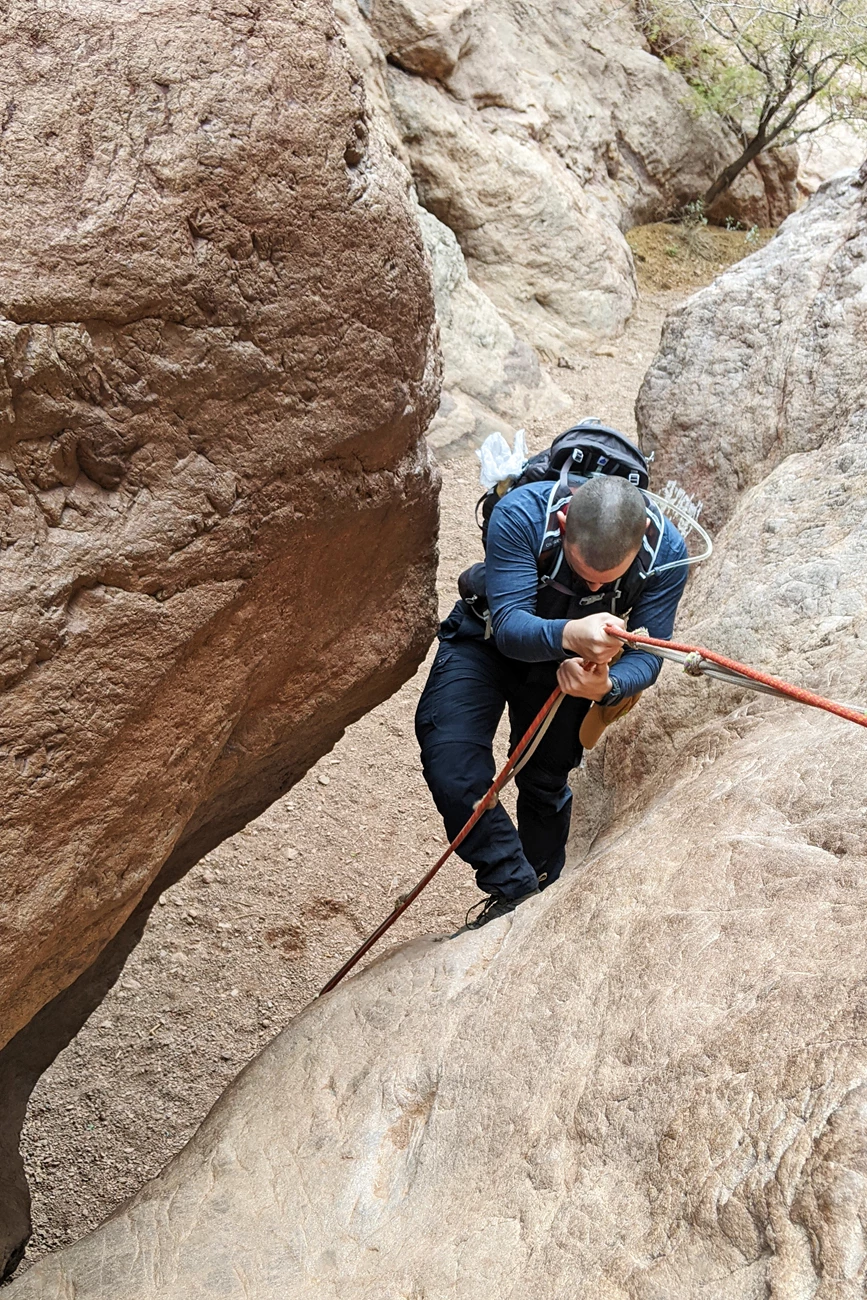 The visit to Goldstrike requires climbing up several sections of rope such as this 15 foot climb in Goldstrike Canyon to get back to the trailhead. Rope Climb in Goldstrike