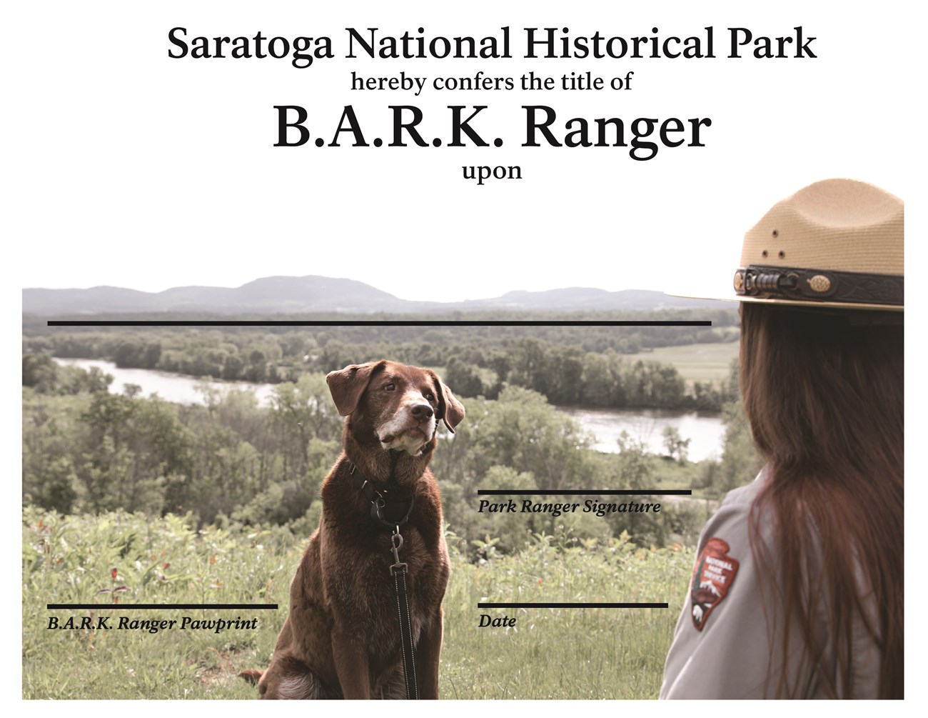 An image of a brown dog sitting park ranger is overlaid by text that reads, "Saratoga National Historical Park hereby confers the title of B.A.R.K. Ranger upon." There are lines to fill out the dog's name, ranger's name, and date.