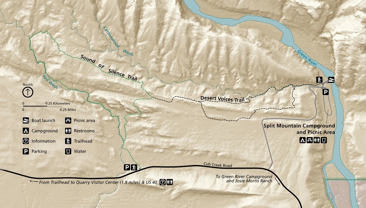 Sound of Silence and Desert Voices Trail Map Digital map of the terrain showing the routes of the Sound of Silence and Desert Voices trails.