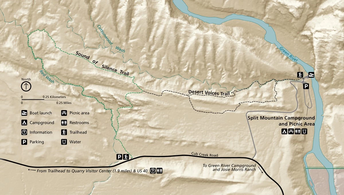 Sound of Silence and Desert Voices Trail Map Digital map of the terrain showing the routes of the Sound of Silence and Desert Voices trails.