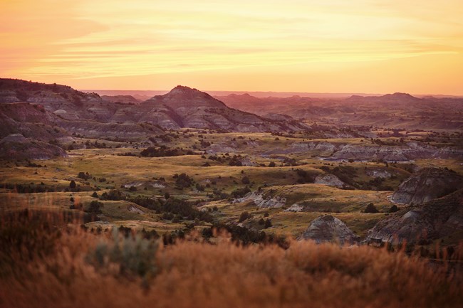 Yellow sky over rolling badlands terrain.