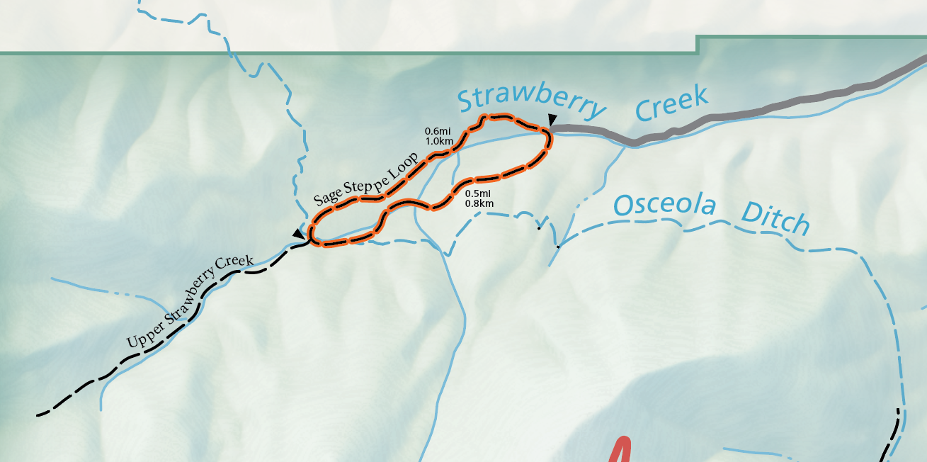 Sage Steppe Loop highlighted A color image of the official map of the national park. A grey road comes from the right and terminates where an orange highlighted trail emerges. The trail is labeled "Sage Steppe Loop."