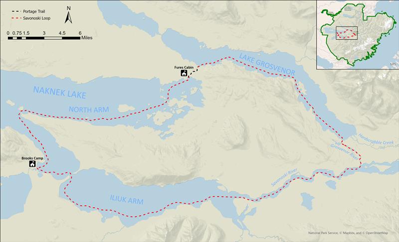 a map of the savonoski route in Katmai National Park, traveling through naknek lake, lake grosvenor, the savonoski river, and finally the iliuk arm before returning to the launch of Brooks Camp.