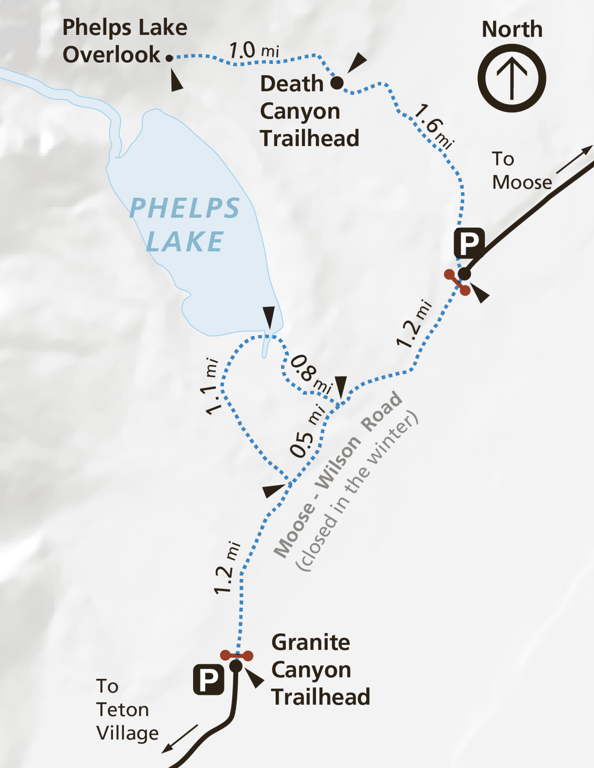 Map of Moose-Wilson Road in winter, with ski trails marked to Phelps Lake
