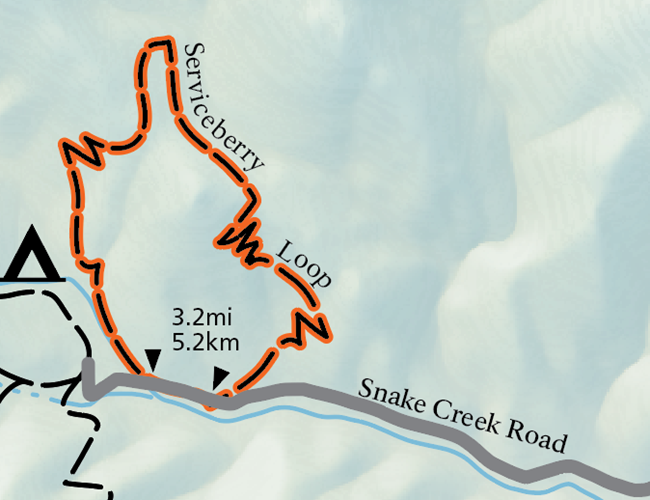 Serviceberry Trail A color image of a map, with a orange highlighted loop trail on one side above a grey road line. Arrows indicating length are labeled "3.2mi/5.2km," the trail is labeled "Serviceberry Loop," and the grey road is labeled "Snake Creek Road," all in black.