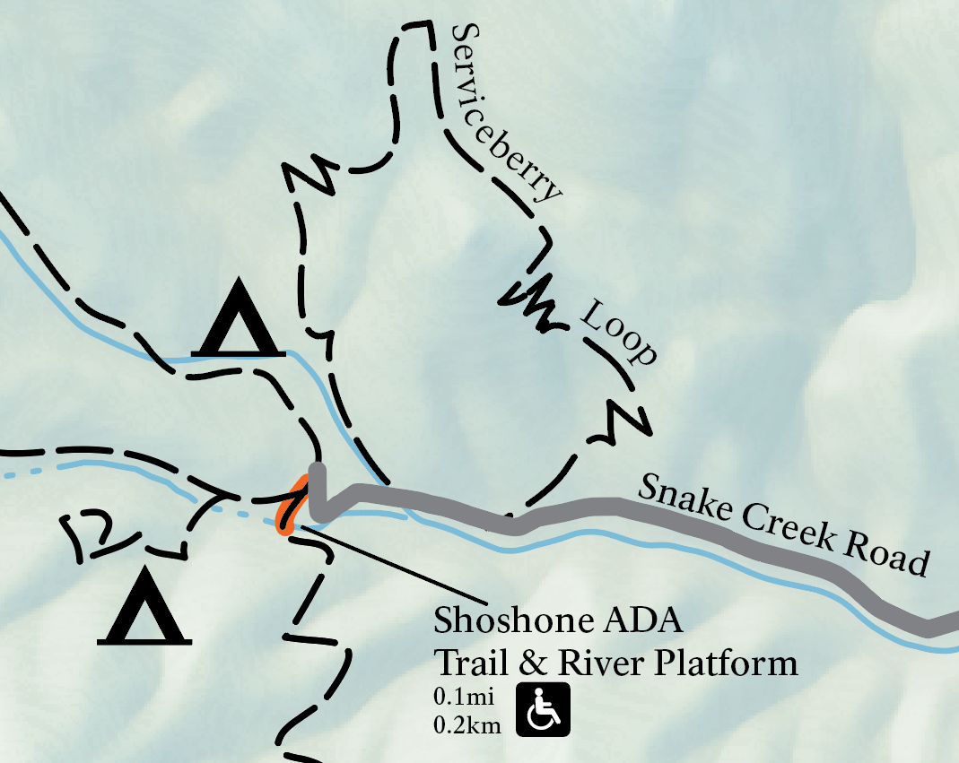 A color image of the official map of the national park. A grey road line labeled "Snake Creek Road" terminates at a handful of thinner dashed lines indicating trails. An orange highlight covers a small section of one labeled "Shoshone ADA Trail & River"