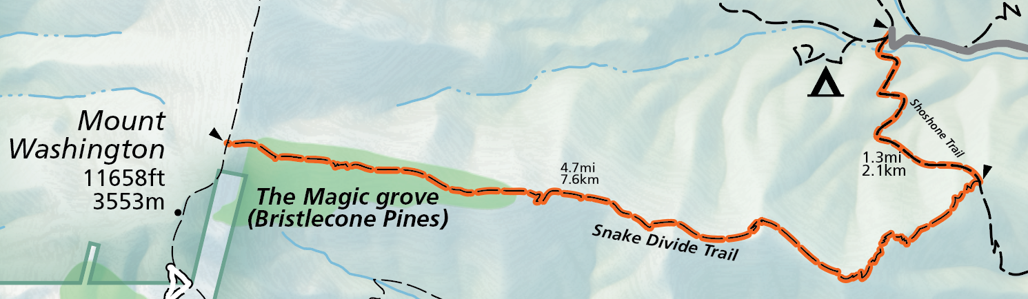 Snake Divide Trail highlighted A color image of the official map of the national park. A grey road terminates in the upper left, and a orange highlighted trail stretches across the main body of the image. As the trail begins it is labeled "shoshone Trail" before reaching a junction
