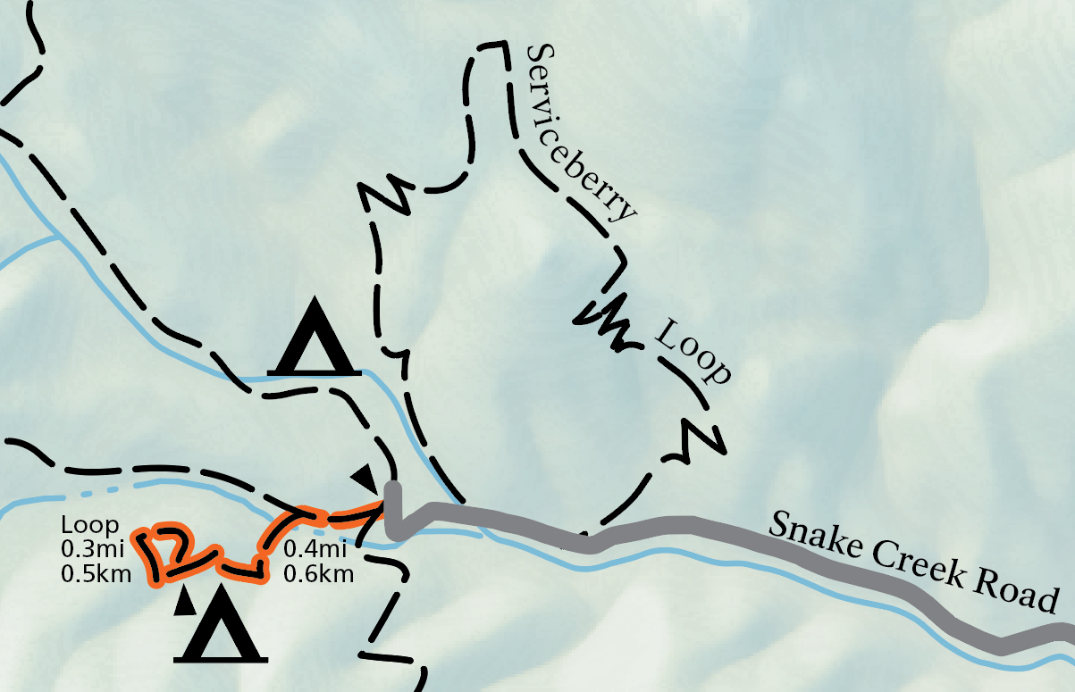 Snake Creek Overlook Trail Highlighted A color image of a cropped version of the official map of the national park. At the end of a grey road labeled "Snake creek Road" a small, orange highlighted trail emerges. It is marked as a loop and distances "0.3mi" and "0.4mi" visible.
