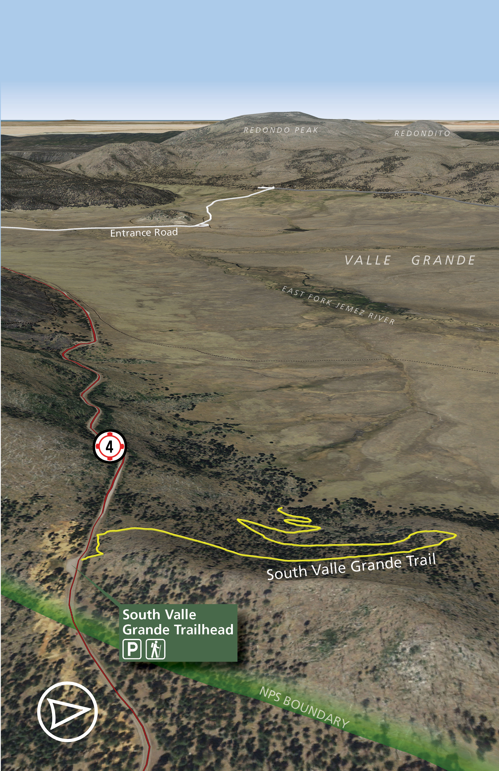 A map showing aerial imagery of a yellow trail descending a hillside toward a valley.