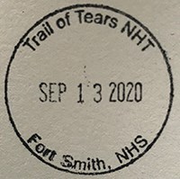 Circular stamp with text around the circle reading Trail of Tear NHT Fort Smith, AR and Date in center reading SEP 13 2020.