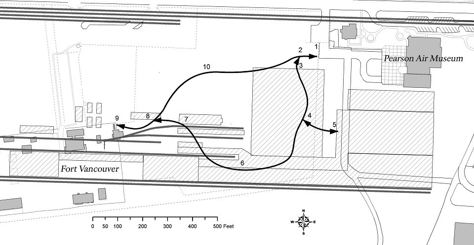Map of the Spruce Mill Trail showing the locations of Pearson Air Museum and Fort Vancouver and the locations of stops along the trail.