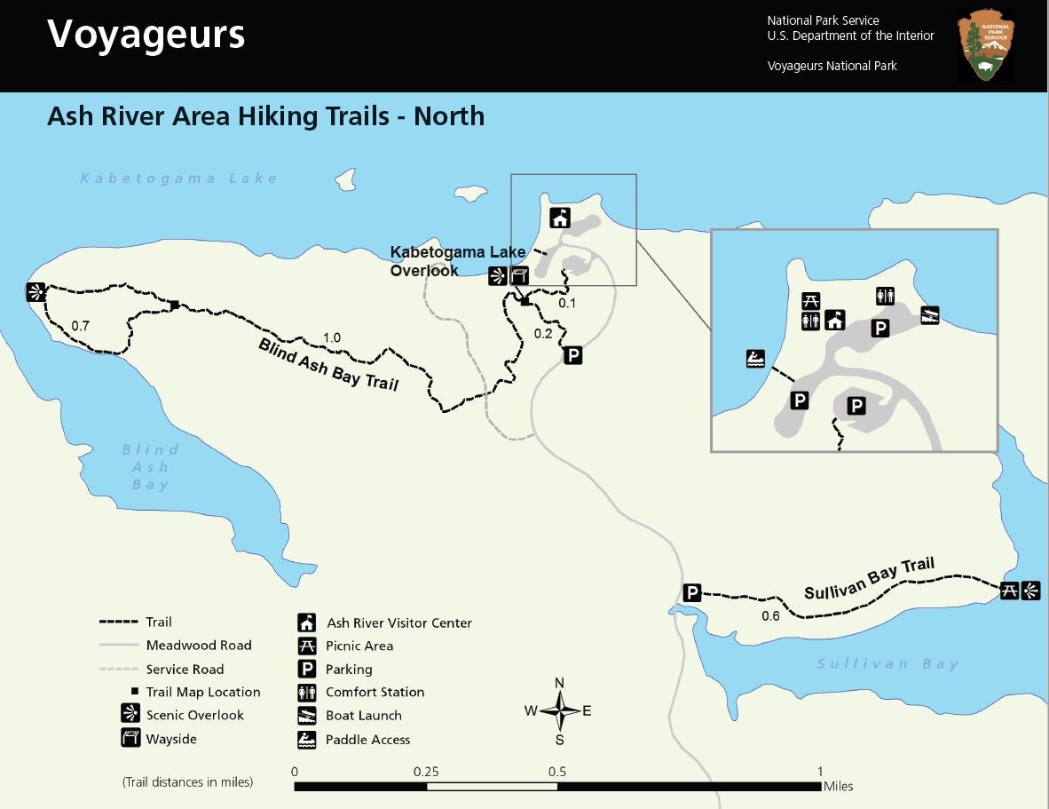 Trail map of the Ash River Visitor Center area with the detailed distances of the Blind Ash Bay Trail.