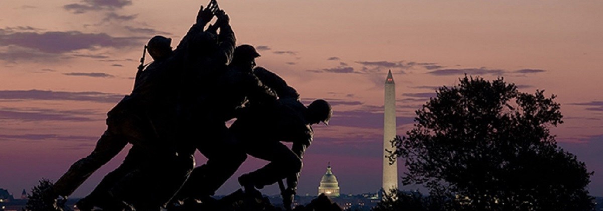 US Marine Corps War Memorial at dusk.