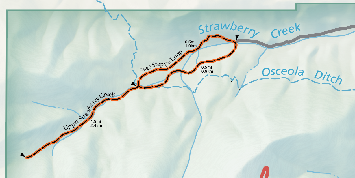 A selection of the official map of the national park. A grey road terminates on the right, where an orange higlighted trail emerges. Two labels show the trail as both the "Sage Steppe Loop" and the "Upper Strawberry Trail" from start to finish