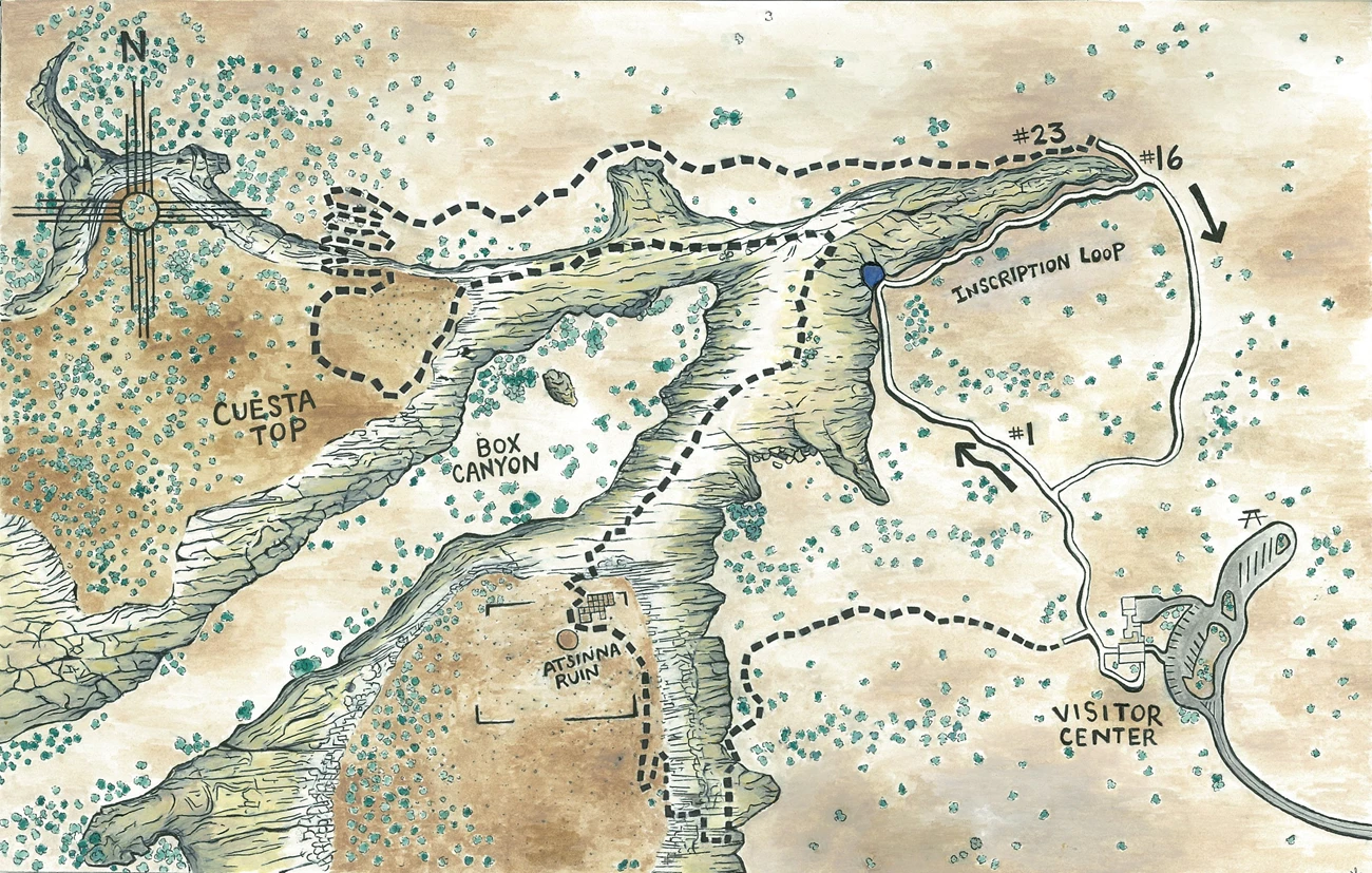 VC Park Map2 A map showing a short trail with a solid white line and a longer trail with a dashed black line