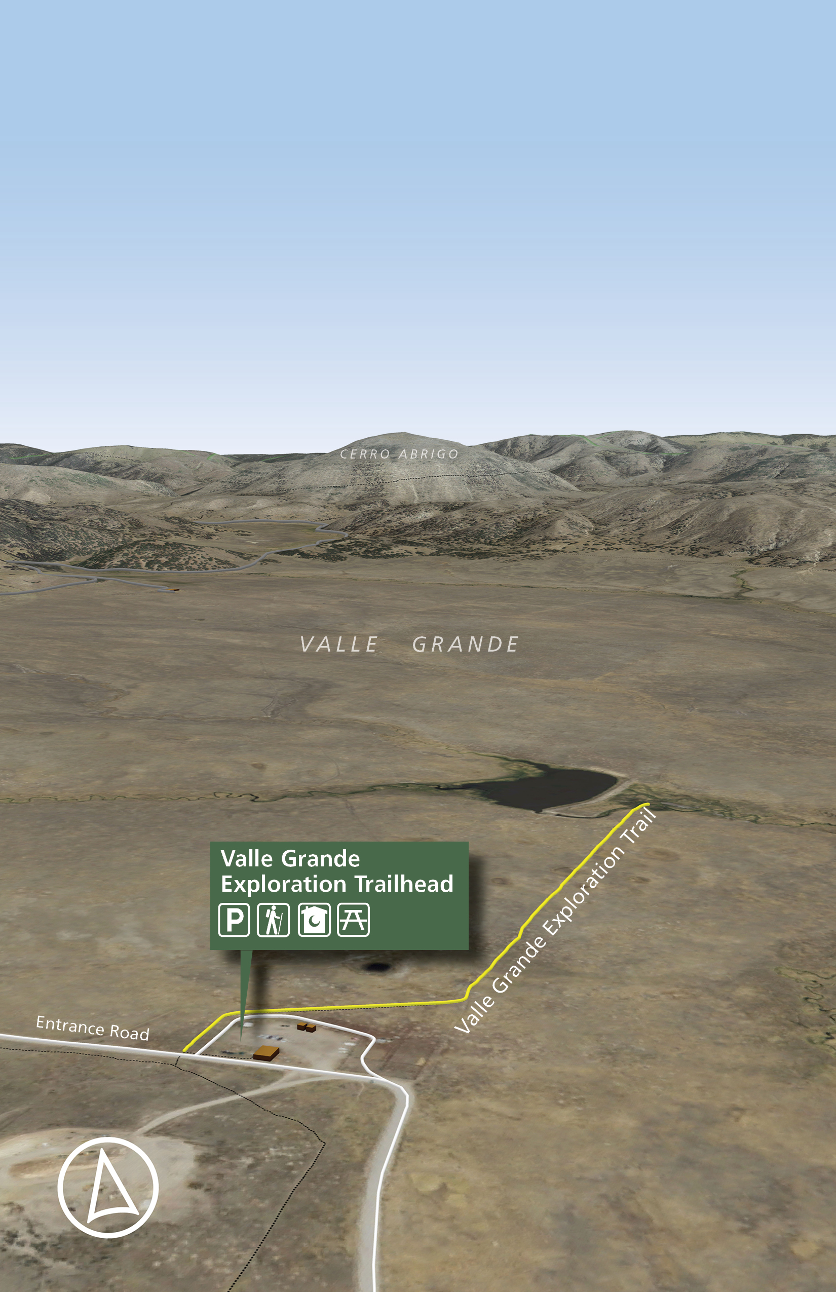 A map showing a trail through a montane grassland to a pond.