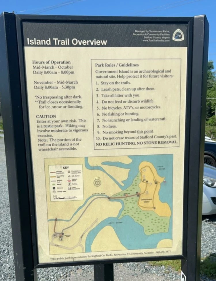 Wayside Government Island Large panel with a map of the trail and text about park guidelines