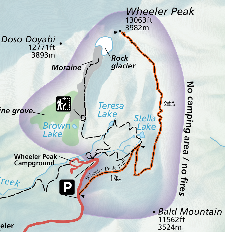 A color image of a selection of the official park map. A red road emerges from the bottom and connects to an orange highlighted trail labelled "Wheeler Peak Trail."