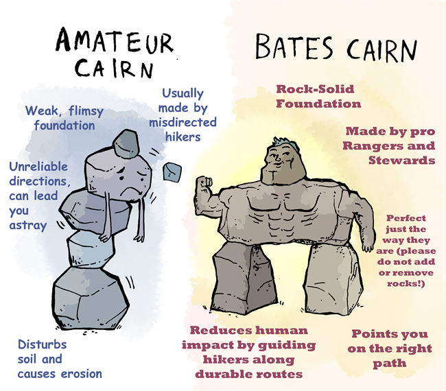 Cartoon illustration of illegal and official rock cairns with captions to tell the difference