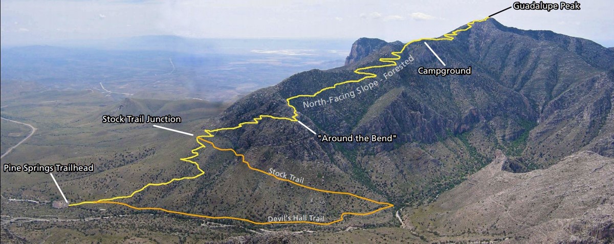 View of a mountain slope with trail locations marked