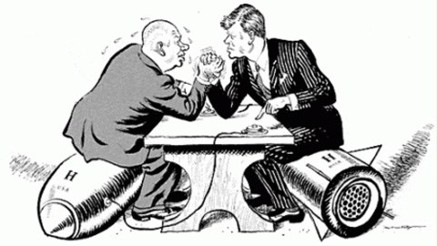 Political Cartoon of US and USSR leaders arm wrestling over nuclear weapons