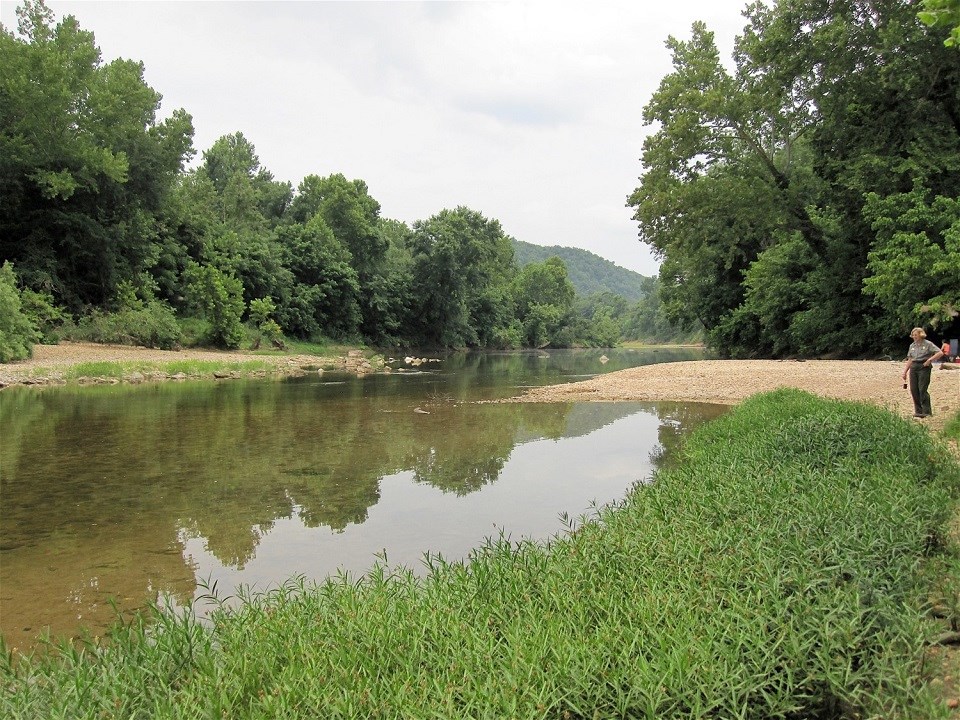 river with green grass and tan gravel at right