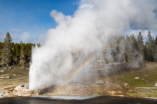 A geyser erupts by the side of a river.