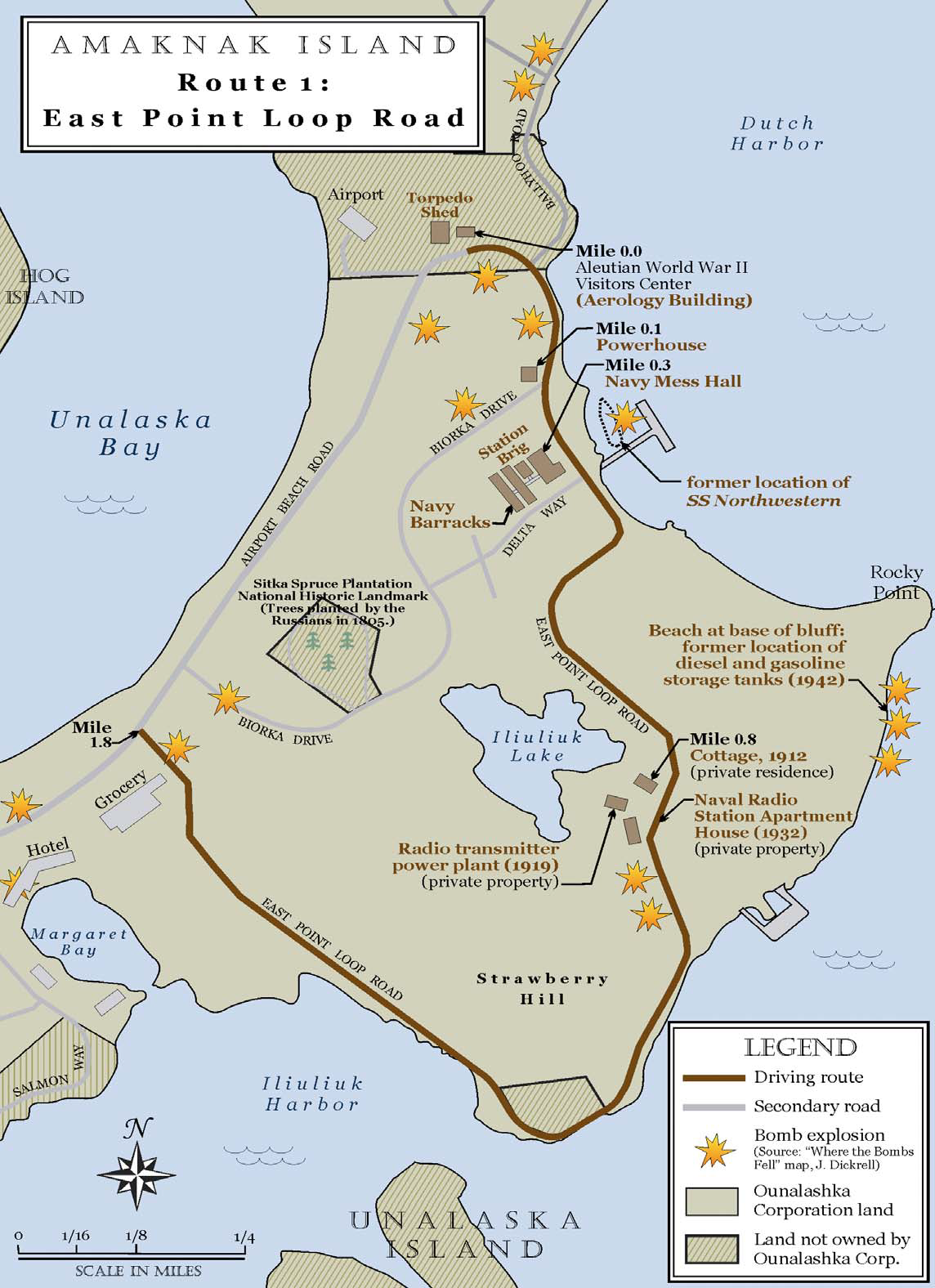 map of Amaknak Island with 1.8 mile route marked