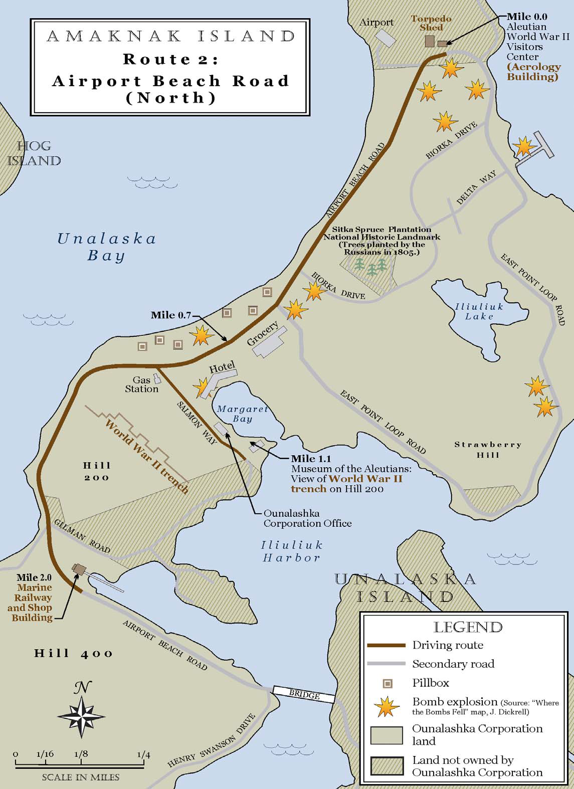 map of land between Unalaska Bay and Iliuliuk Harbor showing waterfront driving route